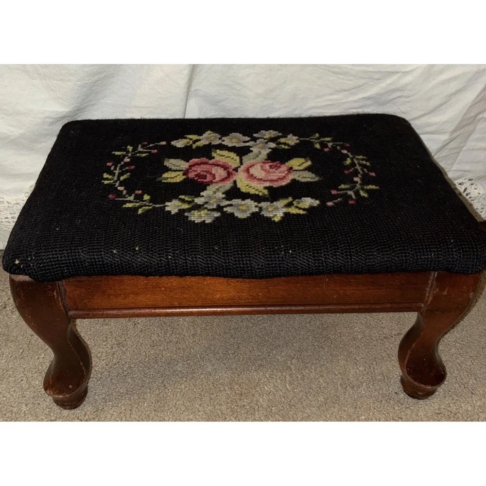 Vtg Victorian Style Needlepoint Maroon Roses Floral Footstool Stool Wood Legs